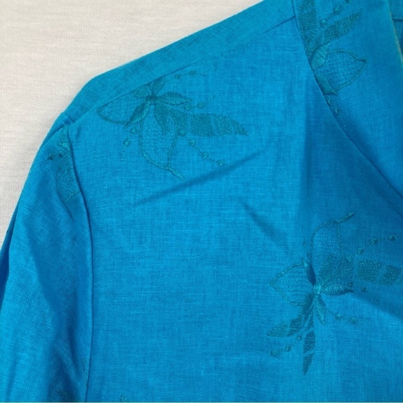 Vintage Blue Linen Blend Floral Embroidered Long Sleeve Button Down Large - Picture 4 of 9